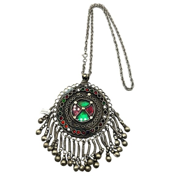 Kuchi Tribal Pendant Necklace Glass Inlay Dangling Beads 21" Handmade Pakistan - Picture 1 of 4